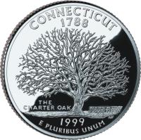 United States coin 1/4 Dollar - Connecticut - Washington Quarter; Silver Proof (1999) reverse reverse of 1/4 Dollar - Connecticut - Washington Quarter; Silver Proof (1999) coin with KM# 297a from United States. Inscription: CONNECTICUT 1788 THE CHARTER OAK 1999 E PLURIBUS UNUM TJV
