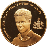 Alderney coin 5 Pounds - Elizabeth II - Prince Henry of Wales (2005) reverse reverse of 5 Pounds - Elizabeth II - Prince Henry of Wales (2005) coin from Alderney. Inscription: H.R.H PRINCE HENRY OF WALES FIVE POUNDS