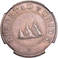 obverse of 1 Centavo (1860) coin with KM# PnA1 from Nicaragua. Inscription: LIBERTAD Y UNION
