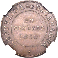 reverse of 1 Centavo (1860) coin with KM# PnA1 from Nicaragua. Inscription: REPUBLICA DE NICARAGUA UN CENTABO 1860