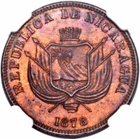 obverse of 1 Centavo (1878) coin with KM# Pn2 from Nicaragua. Inscription: REPUBLICA DE NICARAGUA 1878
