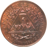 obverse of 2 Centavos (1887) coin with KM# Pn3 from Nicaragua. Inscription: REPUBLICA DE NICARAGUA 15 DE SETIEMBRE DE 1821