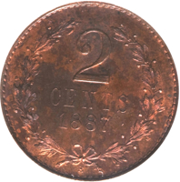 reverse of 2 Centavos (1887) coin with KM# Pn3 from Nicaragua. Inscription: 2 CENTS 1887 E