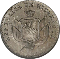 obverse of 1 Centavo (1892) coin with KM# Pn7 from Nicaragua. Inscription: REPUBLICA DE NICARAGUA