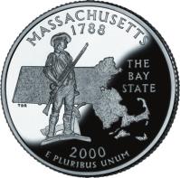 reverse of 1/4 Dollar - Massachusetts - Washington Quarter; Silver Proof (2000) coin with KM# 305a from United States. Inscription: MASSACHUSETTS 1787 THE BAY STATE 2000 E PLURIBUS UNUM TDR