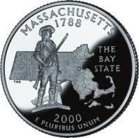 United States coin 1/4 Dollar - Massachusetts - Washington Quarter; Silver Proof (2000) reverse reverse of 1/4 Dollar - Massachusetts - Washington Quarter; Silver Proof (2000) coin with KM# 305a from United States. Inscription: MASSACHUSETTS 1787 THE BAY STATE 2000 E PLURIBUS UNUM TDR