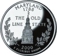 reverse of 1/4 Dollar - Maryland - Washington Quarter; Silver Proof (2000) coin with KM# 306a from United States. Inscription: MARYLAND 1788 THE OLD LINE STATE 2000 E PLURIBUS UNUM TDR