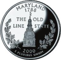 United States coin 1/4 Dollar - Maryland - Washington Quarter; Silver Proof (2000) reverse reverse of 1/4 Dollar - Maryland - Washington Quarter; Silver Proof (2000) coin with KM# 306a from United States. Inscription: MARYLAND 1788 THE OLD LINE STATE 2000 E PLURIBUS UNUM TDR