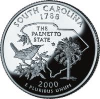 reverse of 1/4 Dollar - South Carolina - Washington Quarter; Silver Proof (2000) coin with KM# 307a from United States. Inscription: SOUTH CAROLINA 1788 THE PALMETTO STATE 2000 E PLURIBUS UNUM TDR