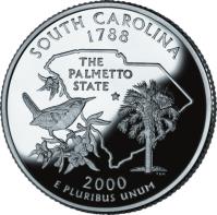 United States coin 1/4 Dollar - South Carolina - Washington Quarter; Silver Proof (2000) reverse reverse of 1/4 Dollar - South Carolina - Washington Quarter; Silver Proof (2000) coin with KM# 307a from United States. Inscription: SOUTH CAROLINA 1788 THE PALMETTO STATE 2000 E PLURIBUS UNUM TDR