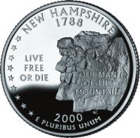 reverse of 1/4 Dollar - New Hampshire - Washington Quarter; Silver Proof (2000) coin with KM# 308a from United States. Inscription: NEW HAMPSHIRE 1788 LIVE FREE OR DIE OLD MAN OF THE MOUNTAIN 2000 E PLURIBUS UNUM WC