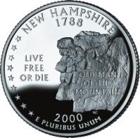 United States coin 1/4 Dollar - New Hampshire - Washington Quarter; Silver Proof (2000) reverse reverse of 1/4 Dollar - New Hampshire - Washington Quarter; Silver Proof (2000) coin with KM# 308a from United States. Inscription: NEW HAMPSHIRE 1788 LIVE FREE OR DIE OLD MAN OF THE MOUNTAIN 2000 E PLURIBUS UNUM WC