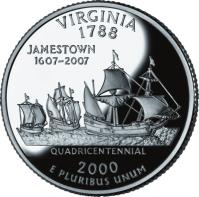 reverse of 1/4 Dollar - Virginia - Washington Quarter; Silver Proof (2000) coin with KM# 309a from United States. Inscription: VIRGINIA 1788 JAMESTOWN 1607-2007 QUADRICENTENNIAL 2000 E PLURIBUS UNUM