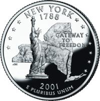 reverse of 1/4 Dollar - New York - Washington Quarter; Silver Proof (2001) coin with KM# 318a from United States. Inscription: NEW YORK 1788 GATEWAY TO FREEDOM 2001 E PLURIBUS UNUM AM