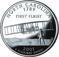 United States coin 1/4 Dollar - North Carolina - Washington Quarter; Silver Proof (2001) reverse reverse of 1/4 Dollar - North Carolina - Washington Quarter; Silver Proof (2001) coin with KM# 319a from United States. Inscription: NORTH CAROLINA 1789 FIRST FLIGHT 2001 E PLURIBUS UNUM JM