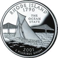 reverse of 1/4 Dollar - Rhode Island - Washington Quarter; Silver Proof (2001) coin with KM# 320a from United States. Inscription: RHODE ISLAND 1790 THE OCEAN STATE 2001 E PLURIBUS UNUM TDR