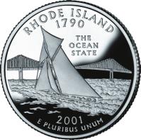 United States coin 1/4 Dollar - Rhode Island - Washington Quarter; Silver Proof (2001) reverse reverse of 1/4 Dollar - Rhode Island - Washington Quarter; Silver Proof (2001) coin with KM# 320a from United States. Inscription: RHODE ISLAND 1790 THE OCEAN STATE 2001 E PLURIBUS UNUM TDR