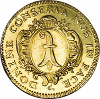 Swiss cantons coin 1 Goldgulden (1790) obverse obverse of 1 Goldgulden (1790) coin with KM# 181 from Swiss cantons. Inscription: DOMINE CONSERVA NOS IN PACE