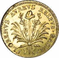 Swiss cantons coin 1 Goldgulden (1790) reverse reverse of 1 Goldgulden (1790) coin with KM# 181 from Swiss cantons. Inscription: FLORENVS AVREVS REIPVB • BASIL •