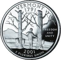 reverse of 1/4 Dollar - Vermont - Washington Quarter; Silver Proof (2001) coin with KM# 321a from United States. Inscription: VERMONT 1791 FREEDOM AND UNITY 2001 E PLURIBUS UNUM TJF