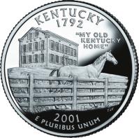 reverse of 1/4 Dollar - Kentucky - Washington Quarter; Silver Proof (2001) coin with KM# 322a from United States. Inscription: KENTUCKY 1792 