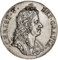 obverse of 1 Krone - Christian V (1693 - 1699) coin with KM# 428 from Denmark. Inscription: · CHRIST · V · DEI · GRATIA ·