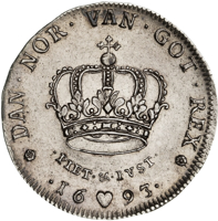 reverse of 1 Krone - Christian V (1693 - 1699) coin with KM# 428 from Denmark. Inscription: * DAN · NOR · VAN · GOT · REX * · PIET ·&· IVST · · [ye] ♥ [ar] ·