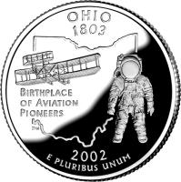 reverse of 1/4 Dollar - Ohio - Washington Quarter; Silver Proof (2002) coin with KM# 332a from United States. Inscription: OHIO 1803 BIRTHPLACE OF AVIATION PIONEERS 2002 E PLURIBUS UNUM