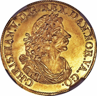 Denmark coin 1 Ducat - Christian V (1671 - 1674) obverse obverse of 1 Ducat - Christian V (1671 - 1674) coin with KM# 340 from Denmark. Inscription: CHRISTIAN.V.D.G.REX.DAN.NOR.VA.GO.