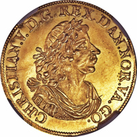 obverse of 1 Ducat - Christian V (1671 - 1674) coin with KM# 340 from Denmark. Inscription: CHRISTIAN.V.D.G.REX.DAN.NOR.VA.GO.