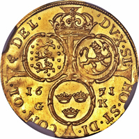 reverse of 1 Ducat - Christian V (1671 - 1674) coin with KM# 340 from Denmark. Inscription: · DVX · SL · HO · ST · DI · COM · OL ·&DEL · 16 71 G K