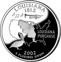 United States coin 1/4 Dollar - Louisiana - Washington Quarter; Silver Proof (2002) reverse reverse of 1/4 Dollar - Louisiana - Washington Quarter; Silver Proof (2002) coin with KM# 333a from United States.