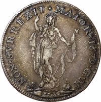 obverse of 2 Lire (1671 - 1712) coin with KM# 148 from Italian States. Inscription: RE.IPVB·GENV DVX·ET·GVB ER