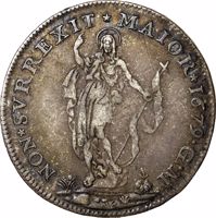 Italian States coin 2 Lire (1671 - 1712) obverse obverse of 2 Lire (1671 - 1712) coin with KM# 148 from Italian States. Inscription: RE.IPVB·GENV DVX·ET·GVB ER