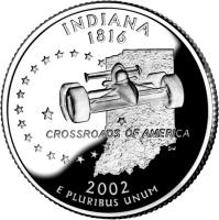 United States coin 1/4 Dollar - Indiana - Washington Quarter; Silver Proof (2002) reverse reverse of 1/4 Dollar - Indiana - Washington Quarter; Silver Proof (2002) coin with KM# 334a from United States.