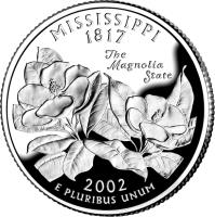 reverse of 1/4 Dollar - Mississippi - Washington Quarter; Silver Proof (2002) coin with KM# 335a from United States.