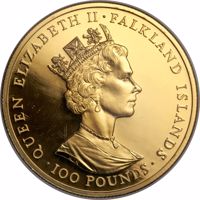 obverse of 100 Pounds - Elizabeth II - 90th Birthday of Queen Mother (1990) coin with KM# 31 from Falkland Islands. Inscription: QUEEN ELIZABETH · FALKLAND ISLANDS · 100 POUNDS ·