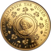 Falkland Islands coin 100 Pounds - Elizabeth II - 90th Birthday of Queen Mother (1990) reverse reverse of 100 Pounds - Elizabeth II - 90th Birthday of Queen Mother (1990) coin with KM# 31 from Falkland Islands. Inscription: QUEEN ELIZABETH THE QUEEN MOTHER · 1900 · 1990 ·