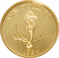 Bermuda coin 10 Dollars - Elizabeth II (1994) reverse reverse of 10 Dollars - Elizabeth II (1994) coin with KM# 133 from Bermuda. Inscription: 10 DOLLARS 1994