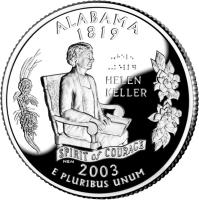 United States coin 1/4 Dollar - Alabama - Washington Quarter; Silver Proof (2003) reverse reverse of 1/4 Dollar - Alabama - Washington Quarter; Silver Proof (2003) coin with KM# 344a from United States. Inscription: ALABAMA 1819 HELEN KELLER SPIRIT of COURAGE NEN 2003 E PLURIBUS UNUM