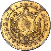 obverse of 1 Goldgulden (1750) coin with KM# 155 from Swiss cantons. Inscription: MON · NOVA · AUREA · BASILEENSIS
