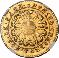 reverse of 1 Goldgulden (1750) coin with KM# 155 from Swiss cantons. Inscription: DOMINE · CONSERVA · NOS · IN · PACE ·