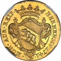 Swiss cantons coin 1 Ducat (1741) obverse obverse of 1 Ducat (1741) coin with KM# 103 from Swiss cantons. Inscription: · MON · AUR · REIP · BERNENSIS · 1741 ·