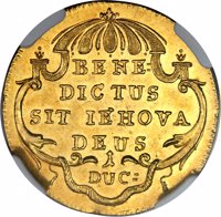 Swiss cantons coin 1 Ducat (1741) reverse reverse of 1 Ducat (1741) coin with KM# 103 from Swiss cantons. Inscription: BENE: DICTUS SIT IEHOVA DEUS 1 DUC: