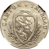 Swiss cantons coin 5 Batzen (1808) obverse obverse of 5 Batzen (1808) coin with KM# 5 from Swiss cantons. Inscription: CANTON THURGAU