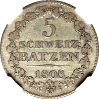 Swiss cantons coin 5 Batzen (1808) reverse reverse of 5 Batzen (1808) coin with KM# 5 from Swiss cantons. Inscription: 5 SCHWEIZ BATZEN 1808