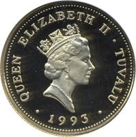 obverse of 100 Dollars - Elizabeth II - 40th Anniversary of Coronation (1993) coin with KM# 29 from Tuvalu. Inscription: QUEEN ELIZABETH II · TUVALU · 1993 ·