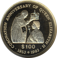 Tuvalu coin 100 Dollars - Elizabeth II - 40th Anniversary of Coronation (1993) reverse reverse of 100 Dollars - Elizabeth II - 40th Anniversary of Coronation (1993) coin with KM# 29 from Tuvalu. Inscription: ·CORONATION ANNIVERSARY OF QUEEN ELIZABETH II· $ 100 1953 + 1993