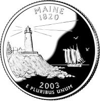 reverse of 1/4 Dollar - Maine - Washington Quarter; Silver Proof (2003) coin with KM# 345a from United States. Inscription: MAINE 1820 2003 E PLURIBUS UNUM