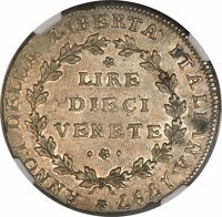 reverse of 10 Lire (1797) coin with KM# 776 from Italian States. Inscription: ANNO.I.DELLA LIBERTA' ITALIANA. 1797